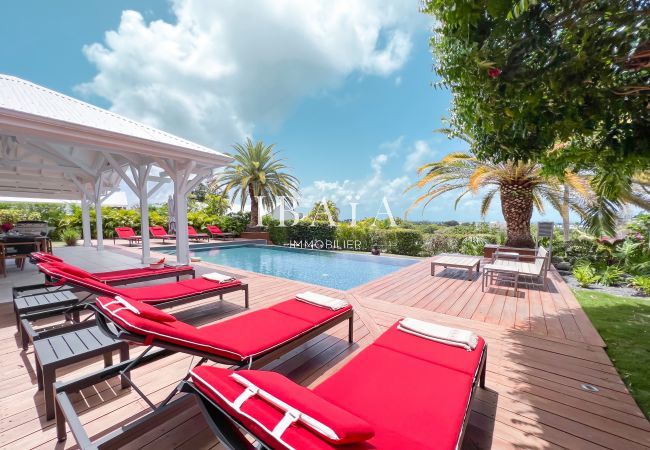 View of the pool, red deckchairs and garden chair around the infinity pool with tropical garden in a luxury villa in the West Indies