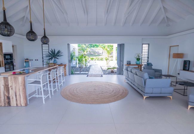 View from the terrace to the living room and kitchen with large openings to the garden