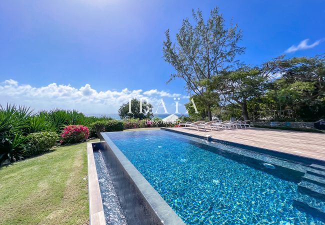 Infinity pool with ocean view and blooming tropical garden