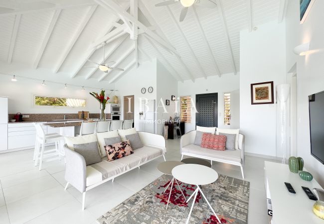 Living room with TV and kitchen area with central island