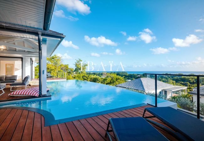 Infinity pool with wooden deck and panoramic view.