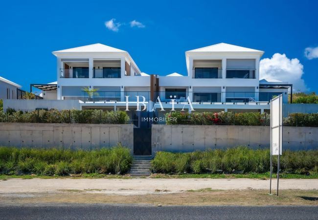 Facade of two modern residences with a garden in front.