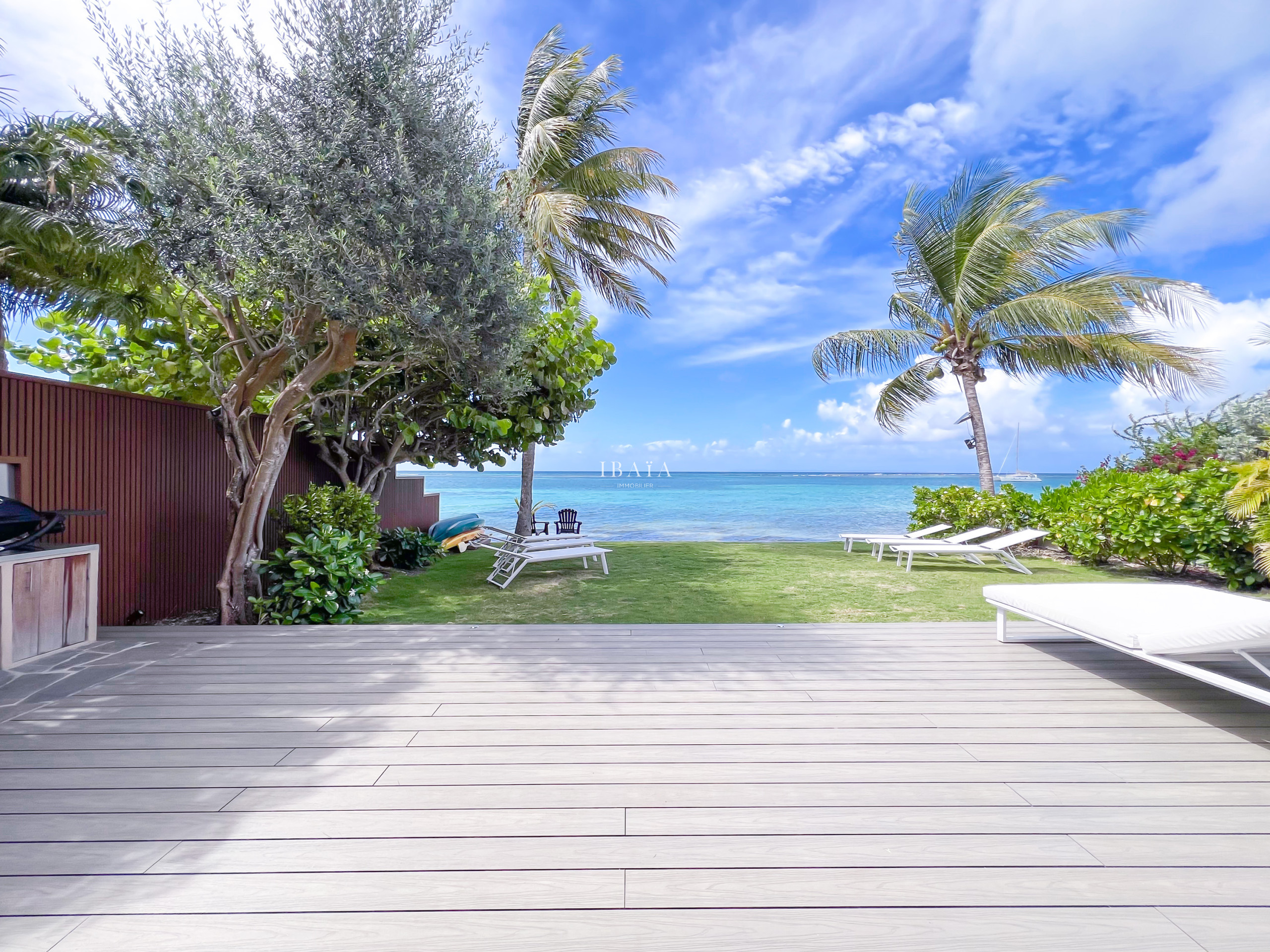 Sea view, deck and sun loungers under palms