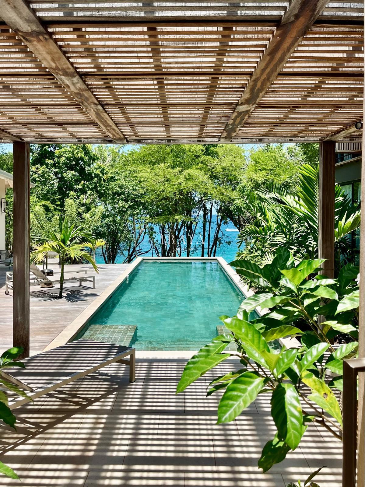 Rectangular pool with tropical greenery and sea view