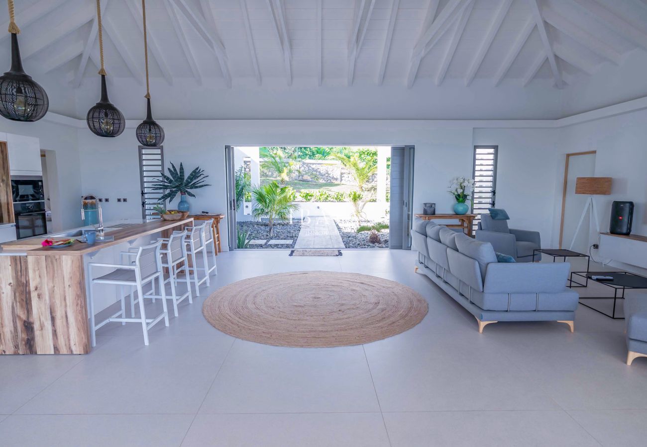 View from the terrace to the living room and kitchen with large openings to the garden