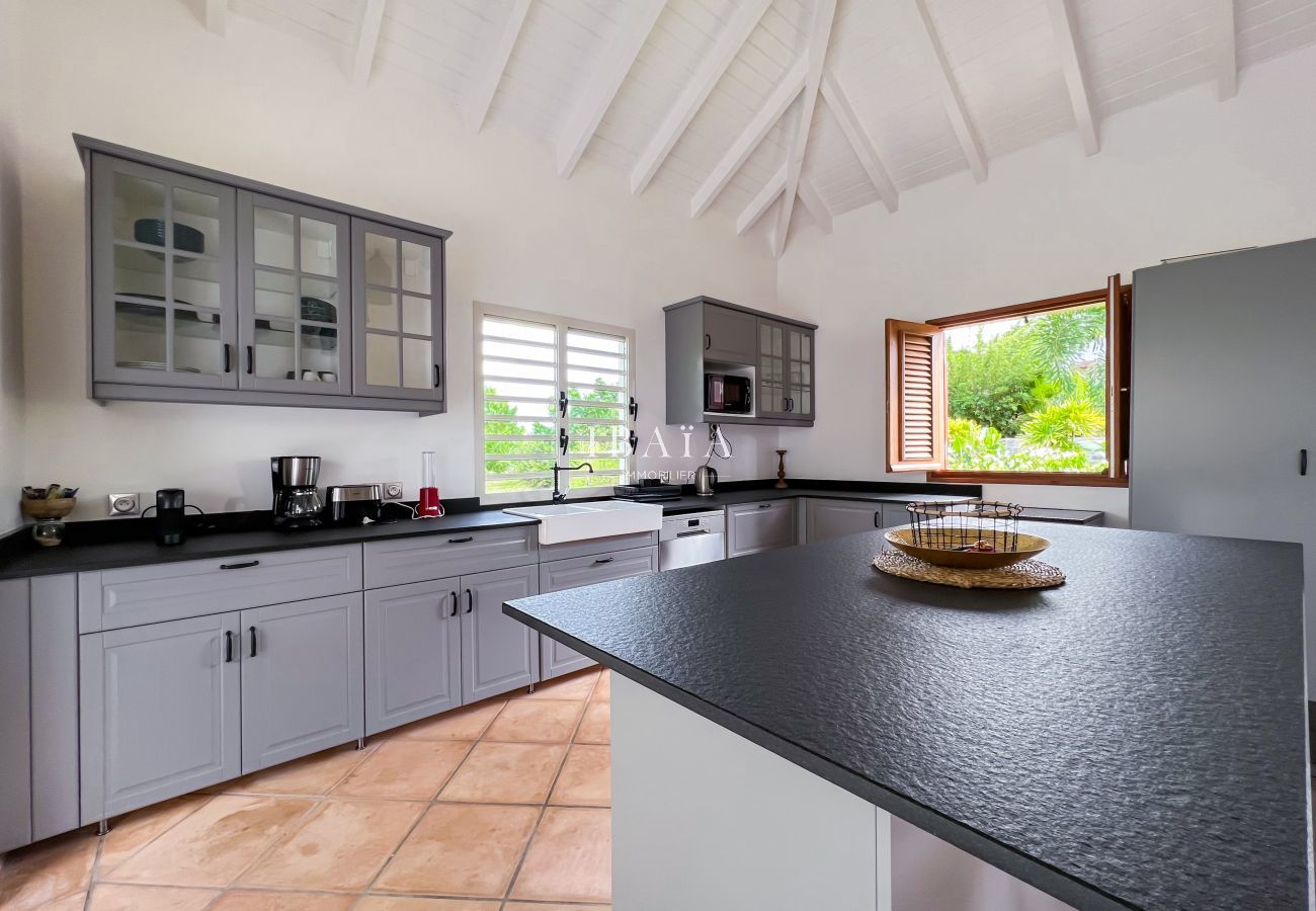 Equipped American kitchen and central island, large opening to the outside