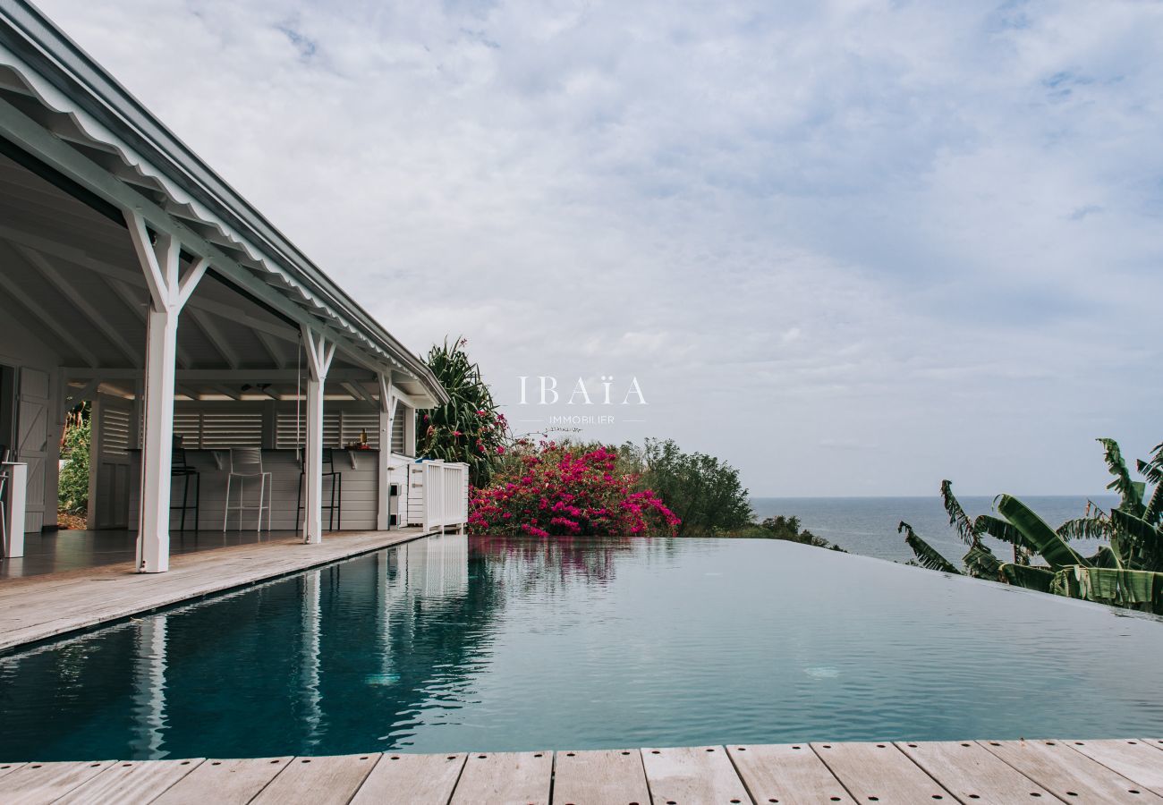 Magnificent view from the infinity pool on the edge of the terrace, offering panoramic views of the ocean, in a luxury villa in the West Indies