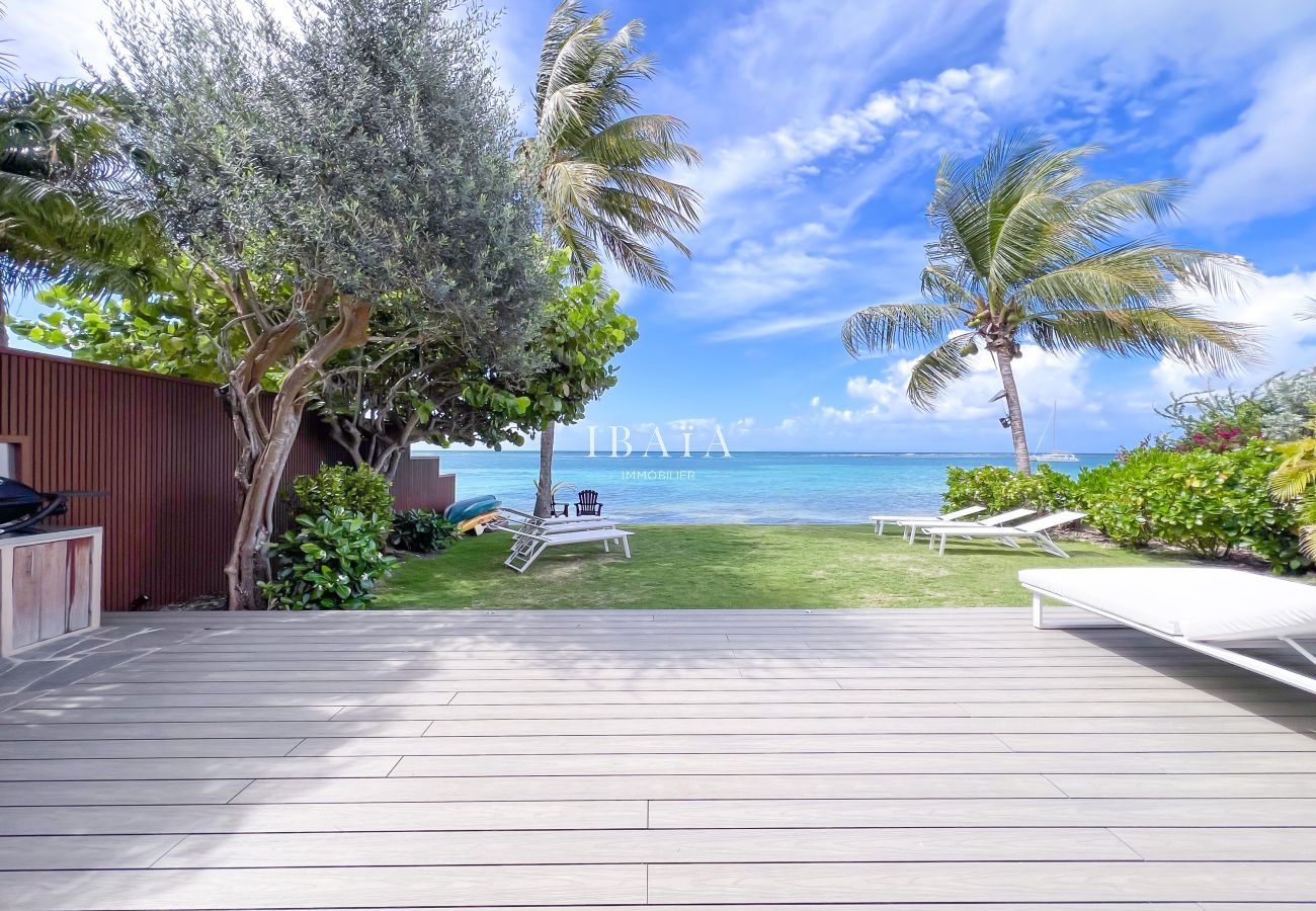 Sea view, deck and sun loungers under palms