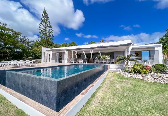 Piscina desbordante y fachada con jardín tropical perfectamente cuidado