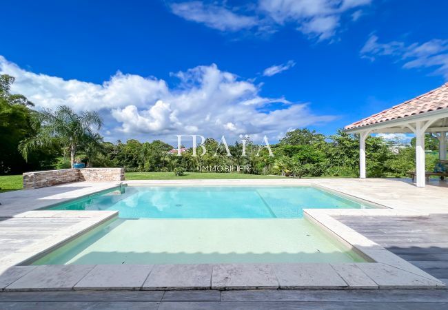 Gran piscina rodeada de una terraza de madera y un patio con muebles de jardín