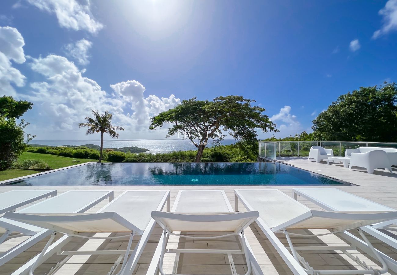 Vista de la piscina infinita, el jardín y el mar desde la terraza de la casa