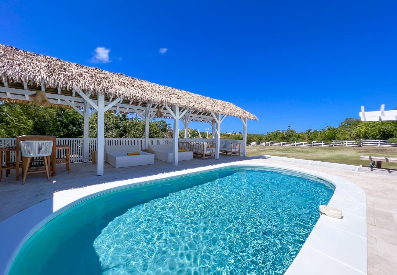 Patio hojas palmeras mesa de comedor salón exterior piscina