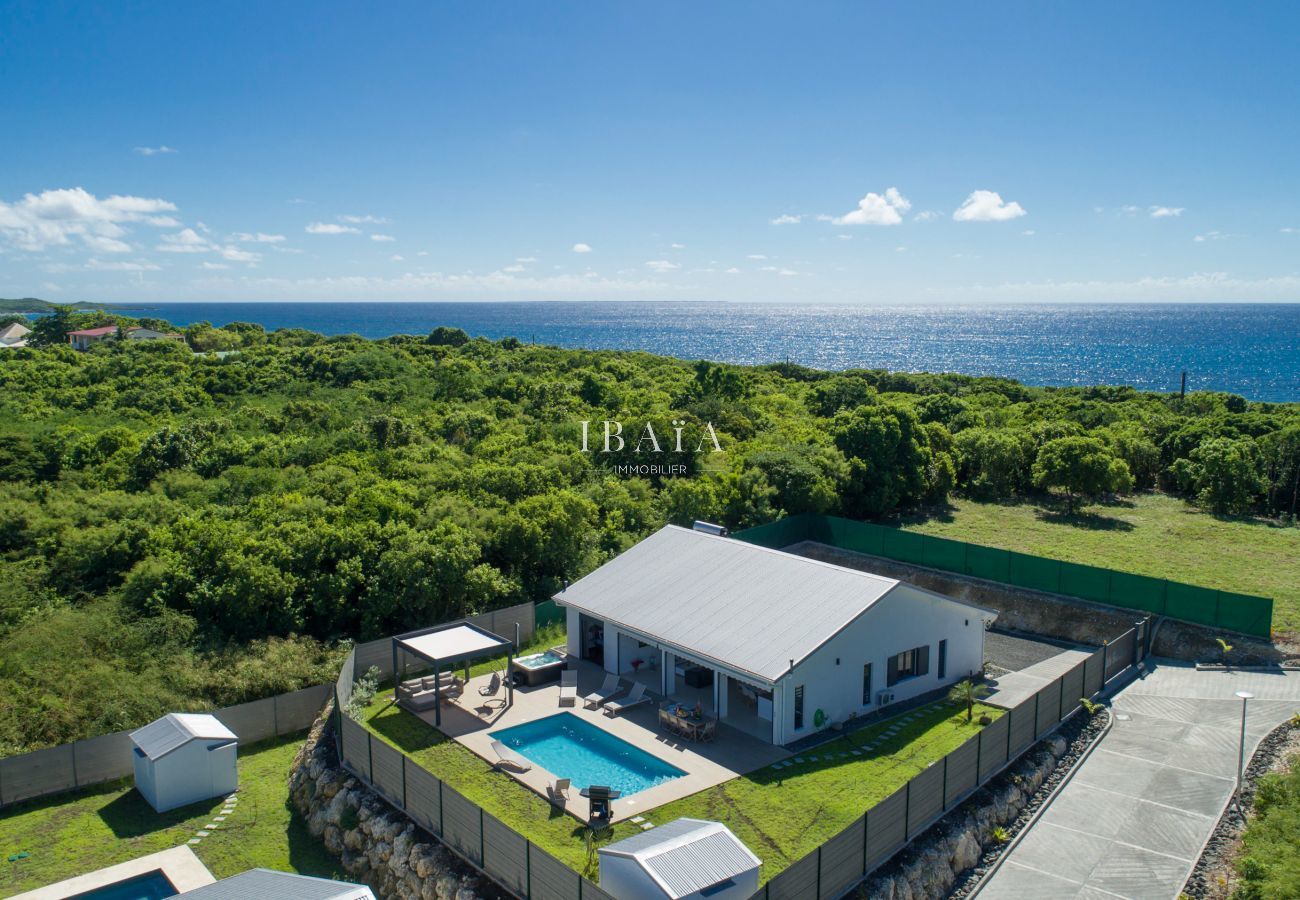 Vista aérea excepcional de la villa con piscina, mar y vegetación tropical desde Pointe des Châteaux, en las Antillas
