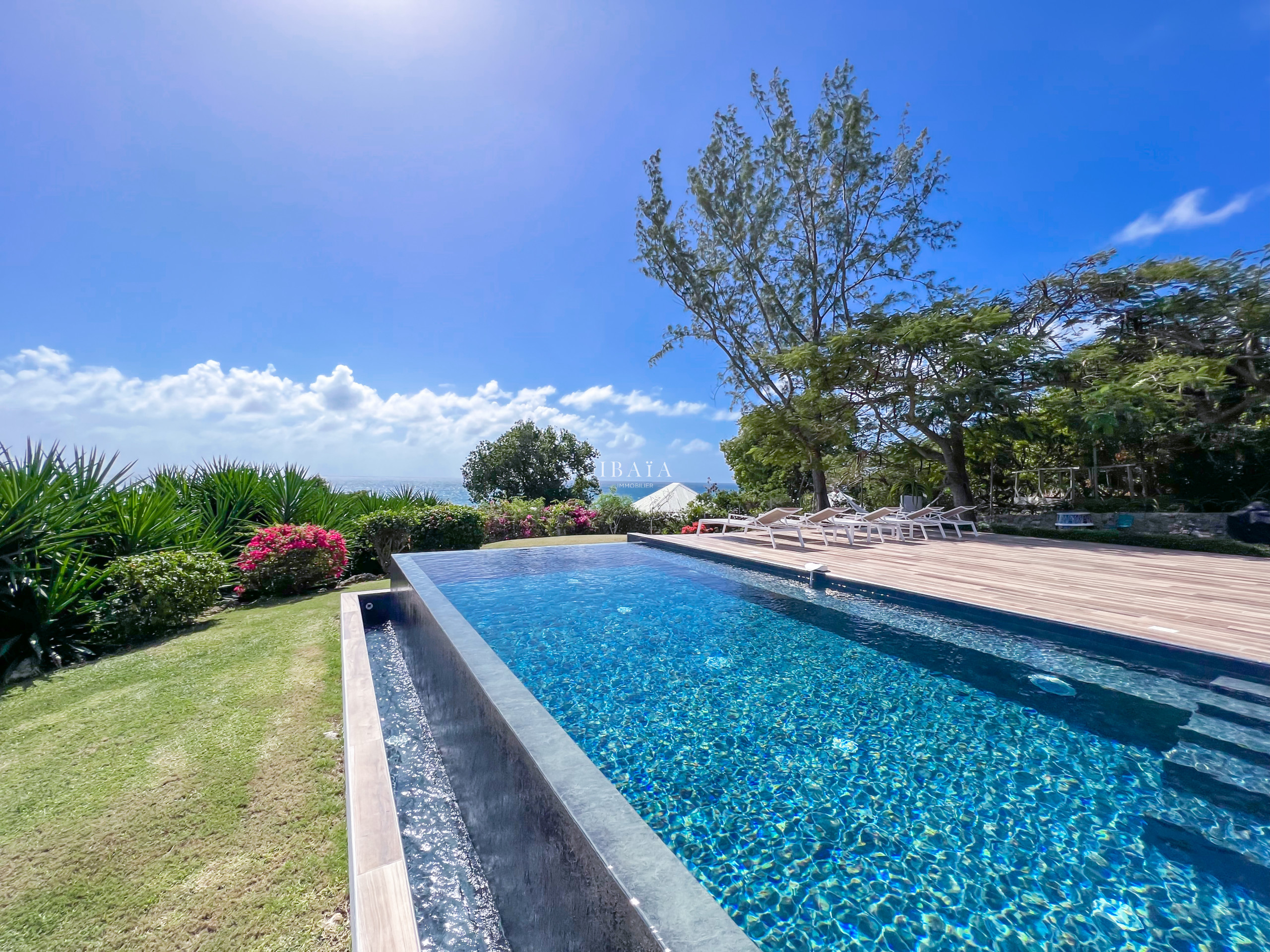 Piscine à débordement avec vue sur la mer et jardin tropical fleuri