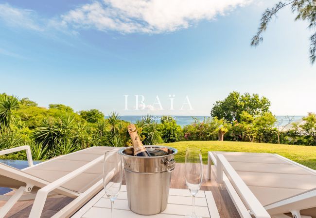 Vue sur le jardin et l'océan depuis les transats au bord de la piscine