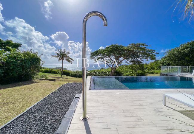 Douche extérieure et piscine à débordement avec vue sur l'océan