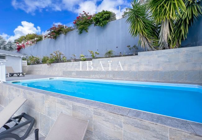 Grande piscine au sel et transat sur la terrasse donnant sur l'océan