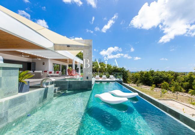 Piscine à débordement avec transats flottants offrant une vue sur le jardin tropical - Villa haut de gamme aux Antilles