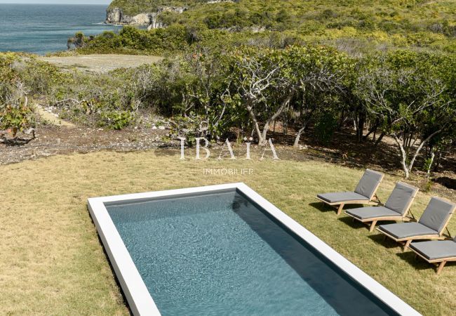 Vue de la piscine avec transats en bois et côte de falaise à Marie Galante