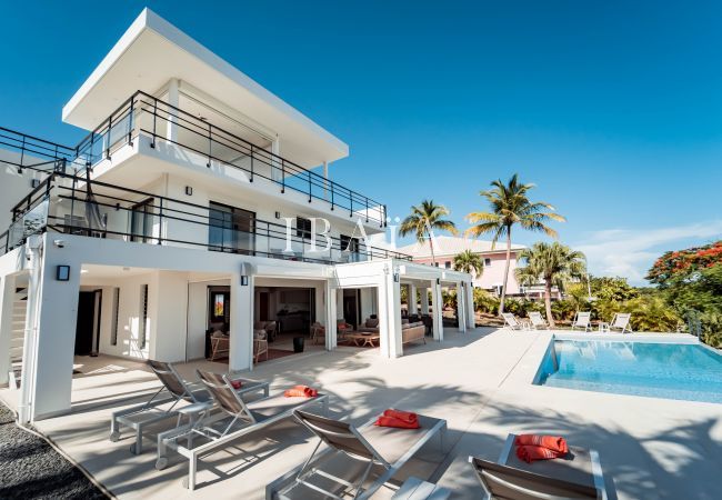 Vue latérale d'une maison blanche avec piscine et palmiers