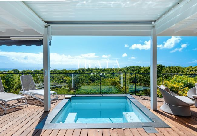 Terrasse élégante avec des meubles modernes, une piscine et une vue sur la nature