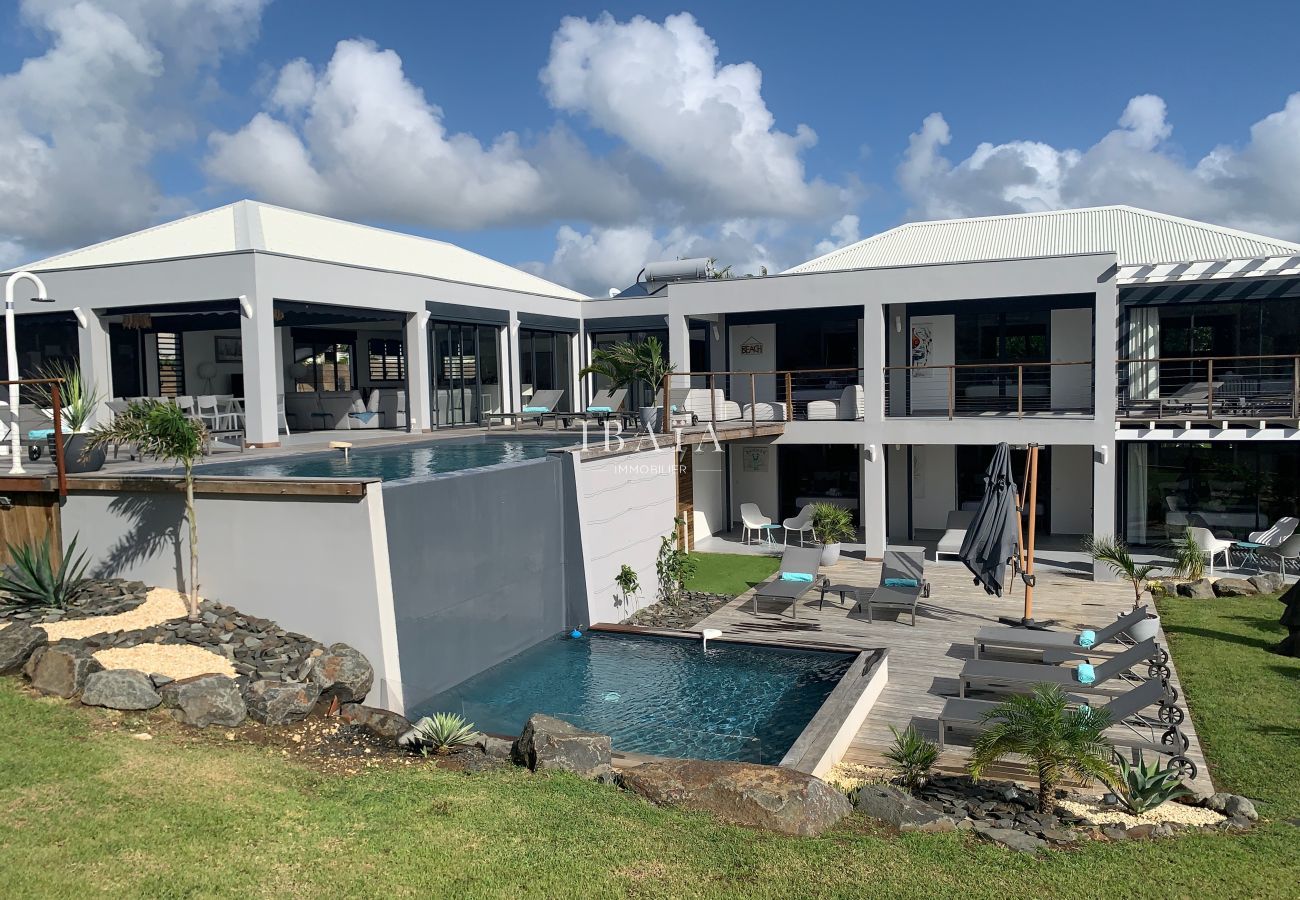 Vue aérienne villa luxe piscine débordement transats terrasse bois